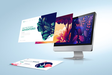 Computer monitor displaying colorful floral graphic design next to printed material on blue background - 3webindia.com