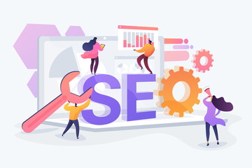 Illustration of a team working on SEO with gears, graphs, and a magnifying glass representing website optimization