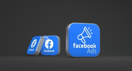Three-dimensional Facebook Ads icons on a dark grey background.