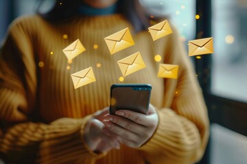 Person using smartphone with floating email icons - 3webindia’s communication solutions