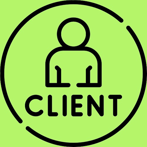 con depicting a stylized person at a desk with a computer, representing client services.